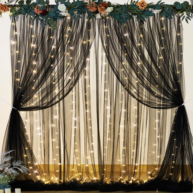 Suppromo Black Sheer Backdrop Curtains with Lights String for Parties Birthday 10ft × 8ft Black Tulle Backdrop Curtain for Baby Shower Wedding Graduation Halloween Party Photo Shoot Decorations - Image 5