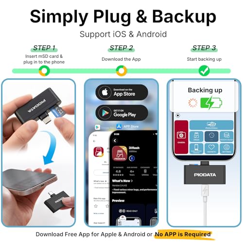 Piodata Micro SD Card Reader for iPhone 17/16/15, iPad, Android, Mac, PC, Laptop, USB C Memory Card Reader Adapter, Auto Photo Backup While Charging, Apple MFi Photo Stick iXflash Q w/Free App Black - Image 3