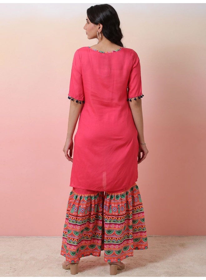 AKS Ethnic Motifs Printed Straight Kurta With Sharara  - Image 5