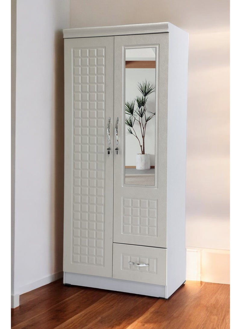 مالتي هوم فيرنيتشر 2 باب خزانة خشبية MH-8821-WHITE خزانة خزانة خشب هندسي مثالي حديث أنيق شديد التحمل مع مرآة - Image 1