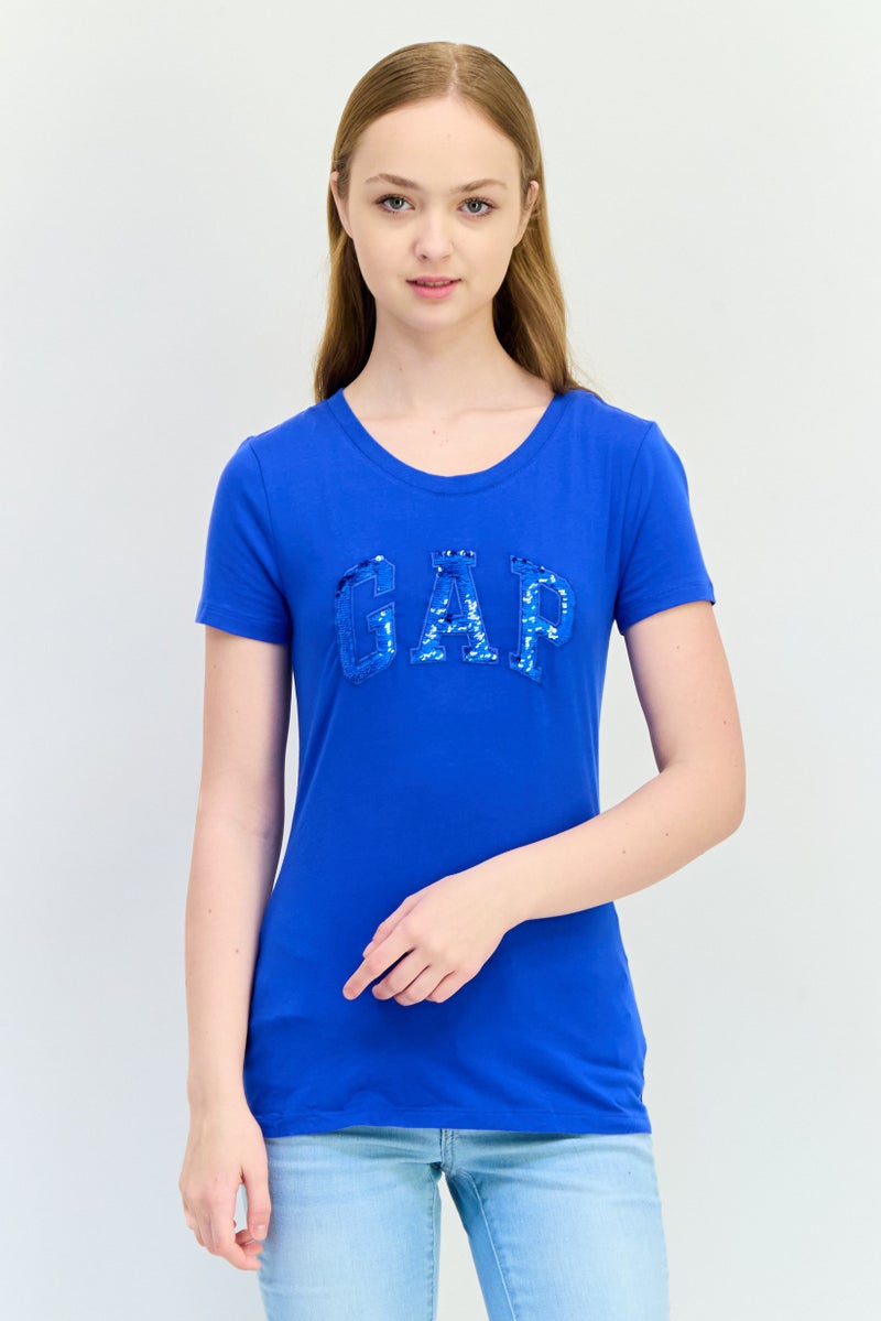 GAP Women Crew Neck Short Sleeve Brand Logo T-Shirt, Blue - Image 1