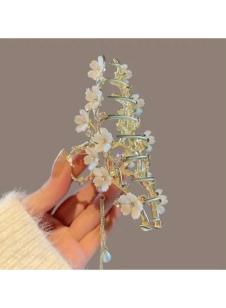 Goolsky Elegant Lily of the Valley Tassel Hair Claw with Faux Pearls & Rhinestones - Large Alloy Shark Clip for Women, Perfect for Summer - Image 1