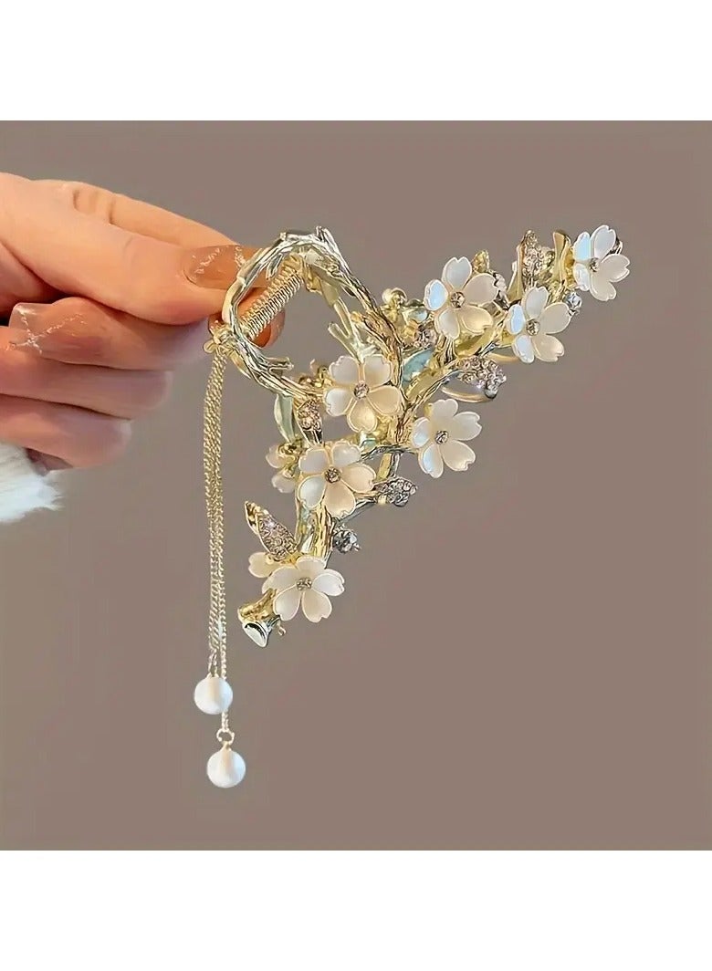 Goolsky Elegant Lily of the Valley Tassel Hair Claw with Faux Pearls & Rhinestones - Large Alloy Shark Clip for Women, Perfect for Summer - Image 2