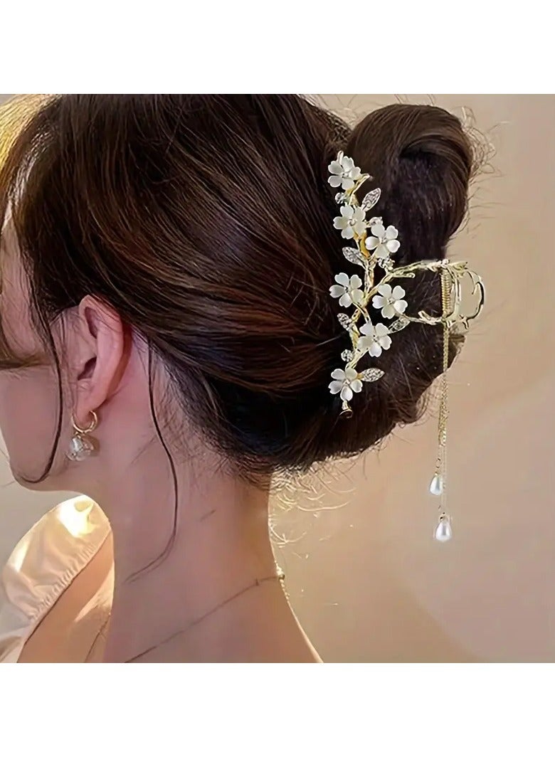 Goolsky Elegant Lily of the Valley Tassel Hair Claw with Faux Pearls & Rhinestones - Large Alloy Shark Clip for Women, Perfect for Summer - Image 3