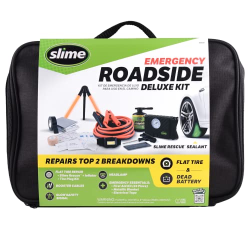 Slime 50155 Deluxe Emergency Roadside Kit with Flat tire Repair and Booster Cables for Compact Cars, Standard Cars and Crossovers - Image 1