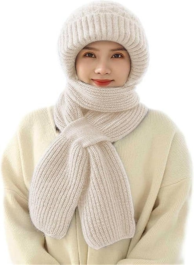 DS ENTERPRISE 2 in 1 Windproof Scarf with Cap Integrated Ear Guard Hat Plus Velvet, Winter Warm Stole Soft Knitted Beanie Hats Scarf- Fur Cap with Stylish Muffler Woolen Caps for Women & Girls (Cream-Color) - Image 1