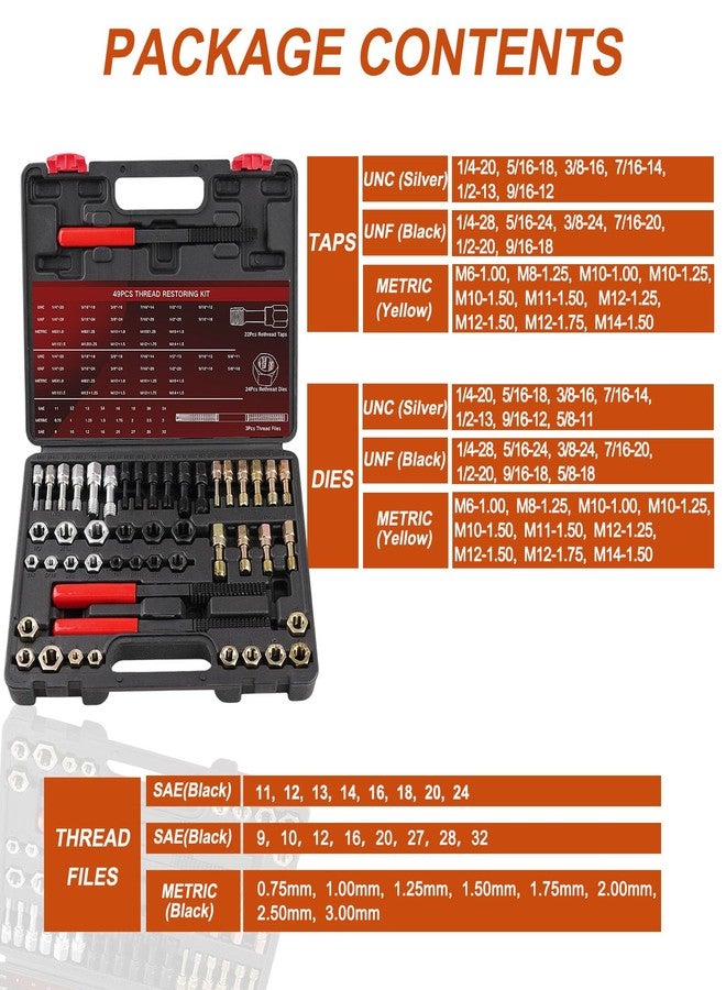Marvelity 49-Piece Thread Chaser Set, UNC UNF & Metric Thread Repair Kit with Taps, Dies, and Files, Rethread Repair Tool for Bolts, Nuts and Screws - Image 5