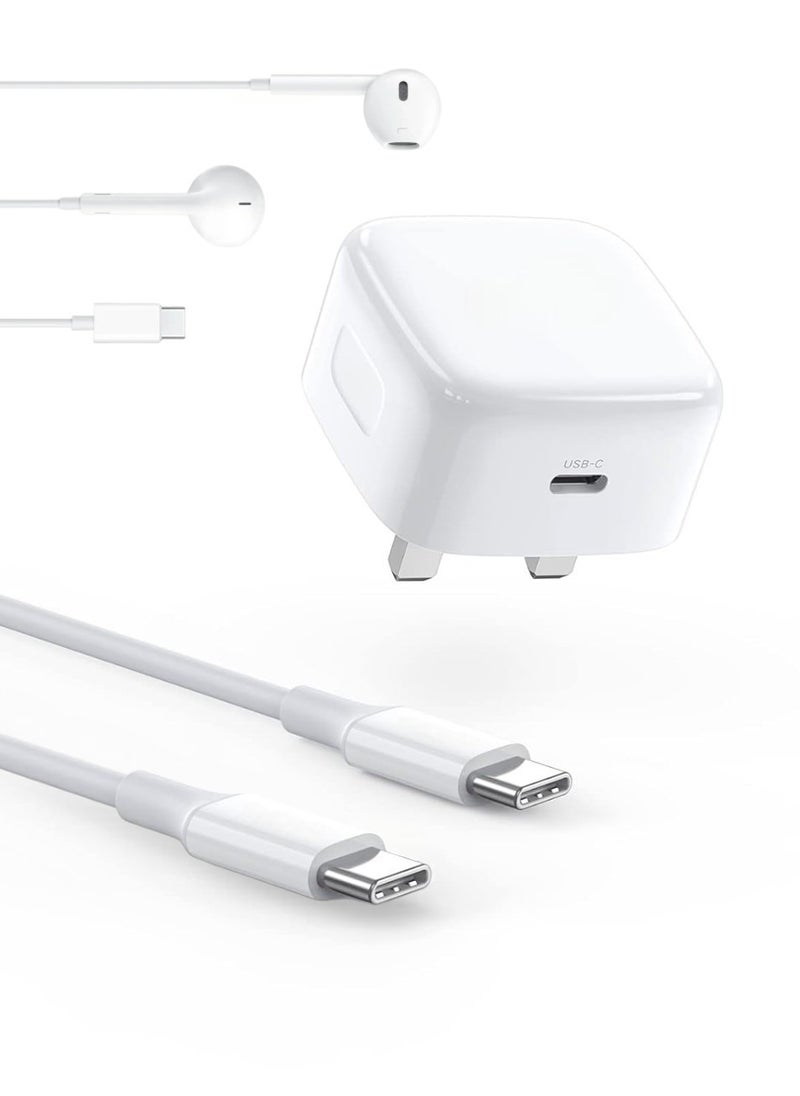 Generic - Package of 20W iPhone 15 Fast Charger Cable, Foldable USB C Power Adapter with 60W Cable and Wired Headphones for iPhone 15 Pro Max/15 Pro/15/15 Plus, iPad, Samsung, Xiaomi, OnePlus - Image 1
