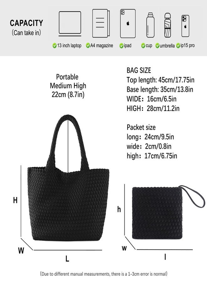 LIKEBAG Woven Bag for Women, Large Neoprene Tote Bag Summer Beach Handbag Purse Retro Handmade Travel Shoulder Bag Set (Black) - Image 4