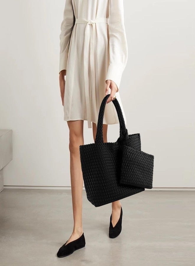 LIKEBAG Woven Bag for Women, Large Neoprene Tote Bag Summer Beach Handbag Purse Retro Handmade Travel Shoulder Bag Set (Black) - Image 2