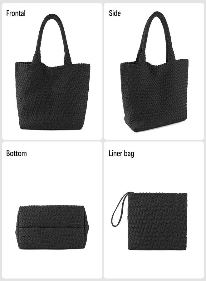 LIKEBAG Woven Bag for Women, Large Neoprene Tote Bag Summer Beach Handbag Purse Retro Handmade Travel Shoulder Bag Set (Black) - Image 3