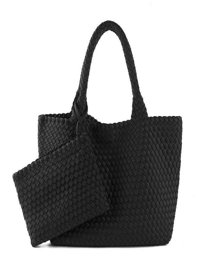 LIKEBAG Woven Bag for Women, Large Neoprene Tote Bag Summer Beach Handbag Purse Retro Handmade Travel Shoulder Bag Set (Black) - Image 1