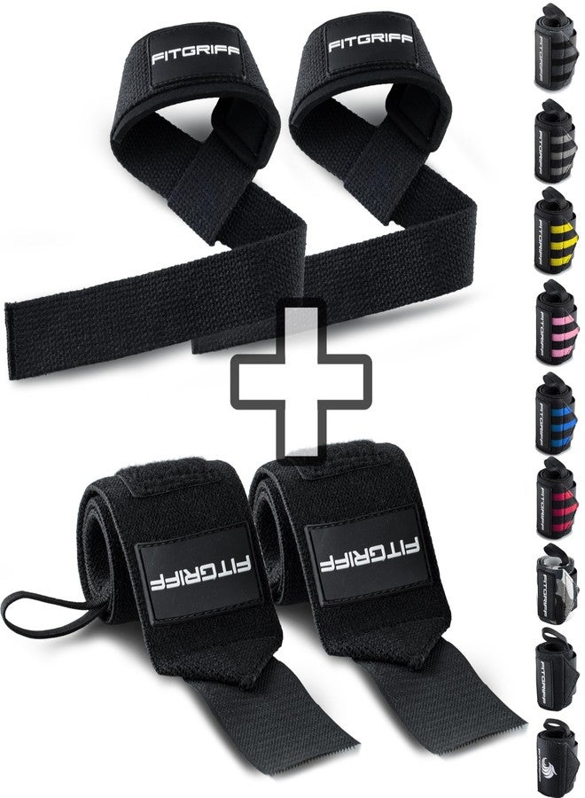 Fitgriff Straps + Wristbands for Gym (1 Set) - Gym Wristbands and Weight Lifting Bands - Fitness Accessories (Black) - Image 1