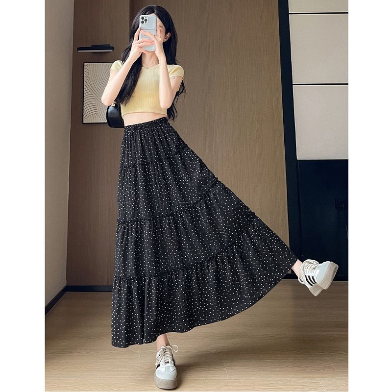 Polka Dot Skirt For Women, Summer High-Waisted A-Line Slimming Mid-Length Versatile White Long Skirt For Petite Figures - Image 3