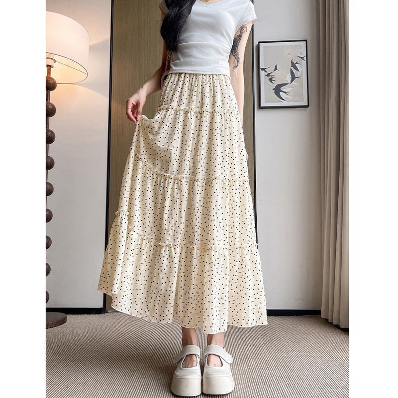 Polka Dot Skirt For Women, Summer High-Waisted A-Line Slimming Mid-Length Versatile White Long Skirt For Petite Figures - Image 4