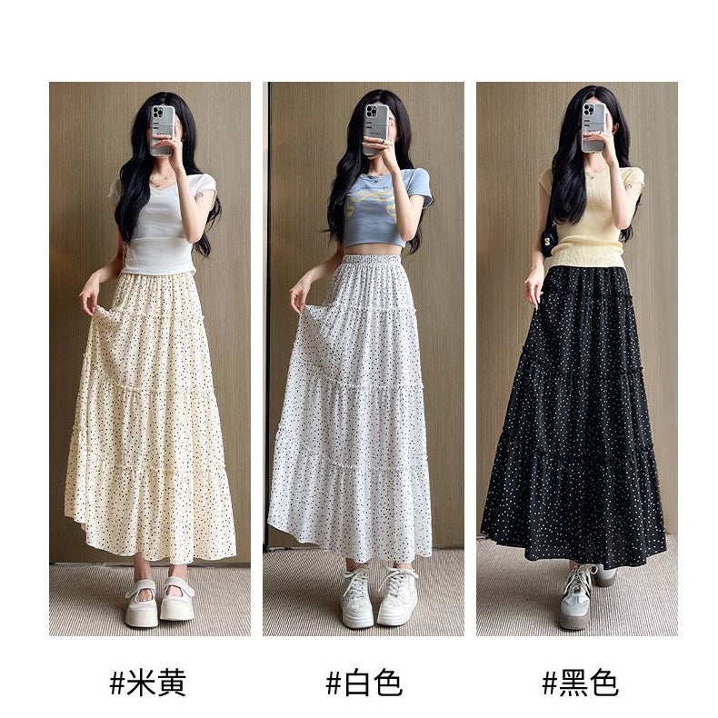 Polka Dot Skirt For Women, Summer High-Waisted A-Line Slimming Mid-Length Versatile White Long Skirt For Petite Figures - Image 2