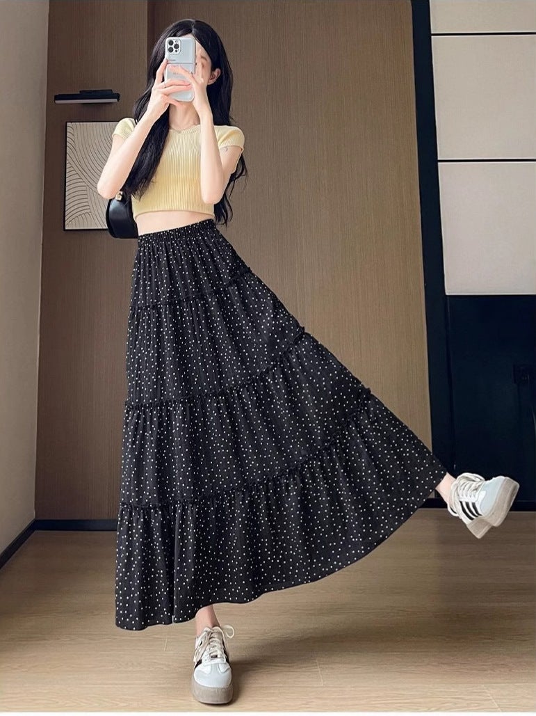 Polka Dot Skirt For Women, Summer High-Waisted A-Line Slimming Mid-Length Versatile White Long Skirt For Petite Figures - Image 1