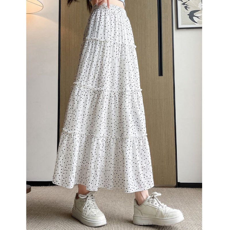 Polka Dot Skirt For Women, Summer High-Waisted A-Line Slimming Mid-Length Versatile White Long Skirt For Petite Figures - Image 5