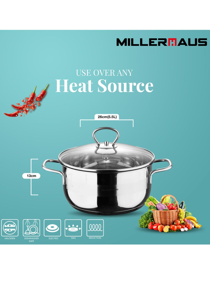 MILLERHAUS Millerhaus Casserole Ø26X13Cm S/S Induction With Lid, Casserole With Lid - Stainless Steel - Ø26X13Cm  - Induction - Shiny And Matt - Straight Shape - Measuring Scale - Welded Wire Handle And Knob, Exceptional Durability and Strength Stainless steel body with Glass Lid  - Image 4