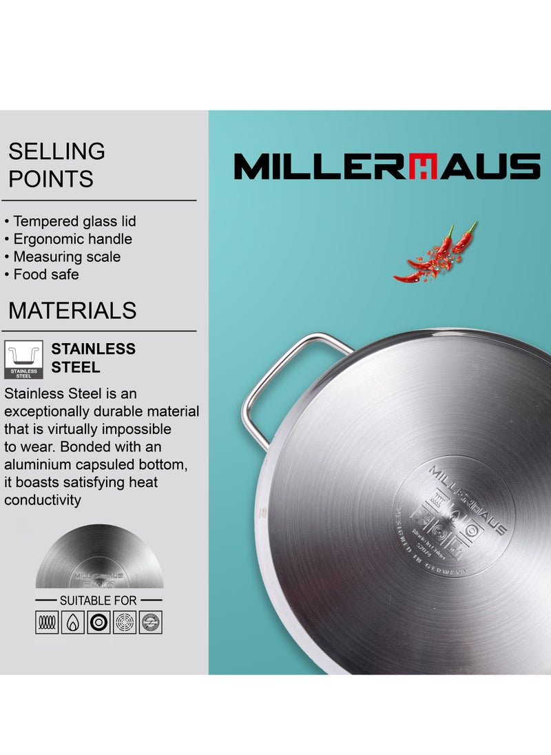 MILLERHAUS Millerhaus Casserole Ø26X13Cm S/S Induction With Lid, Casserole With Lid - Stainless Steel - Ø26X13Cm  - Induction - Shiny And Matt - Straight Shape - Measuring Scale - Welded Wire Handle And Knob, Exceptional Durability and Strength Stainless steel body with Glass Lid  - Image 5