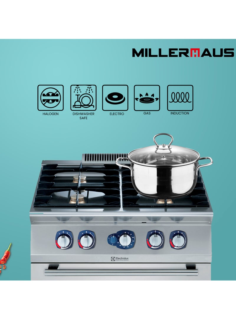 MILLERHAUS - Millerhaus Casserole Ø26X13Cm S/S Induction With Lid, Casserole With Lid - Stainless Steel - Ø26X13Cm  - Induction - Shiny And Matt - Straight Shape - Measuring Scale - Welded Wire Handle And Knob, Exceptional Durability and Strength Stainless steel body with Glass Lid - Image 1