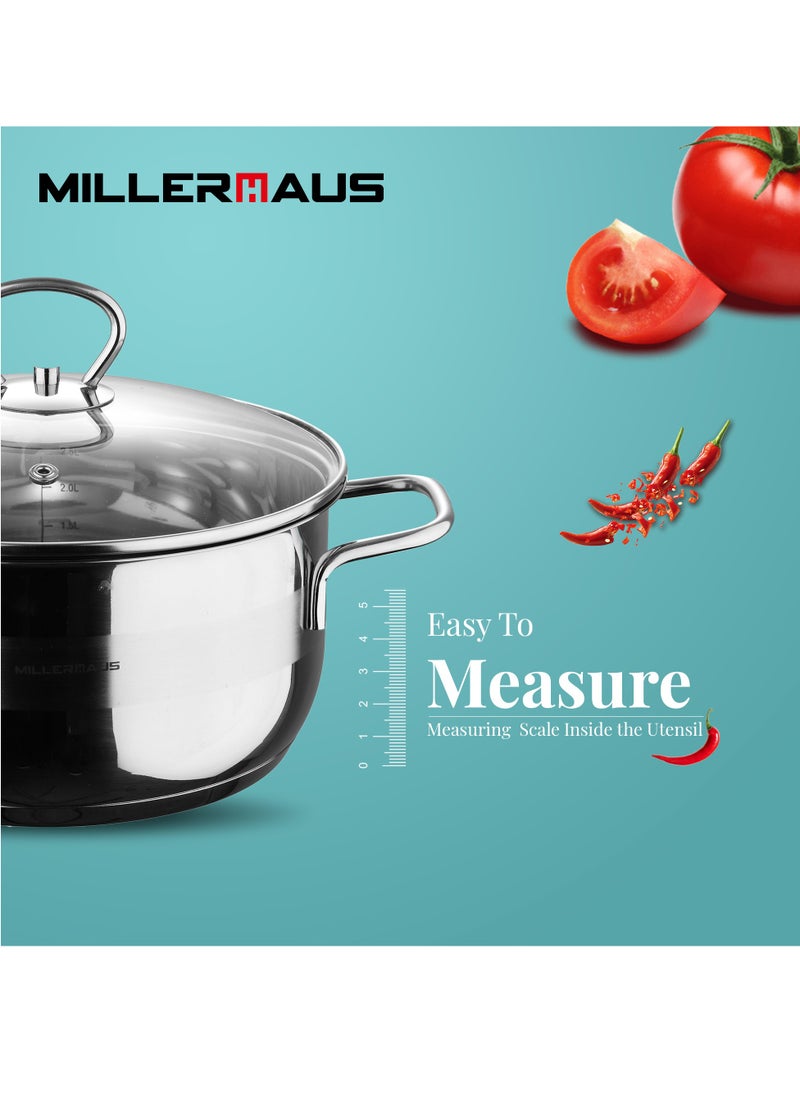 MILLERHAUS Millerhaus Casserole Ø26X13Cm S/S Induction With Lid, Casserole With Lid - Stainless Steel - Ø26X13Cm  - Induction - Shiny And Matt - Straight Shape - Measuring Scale - Welded Wire Handle And Knob, Exceptional Durability and Strength Stainless steel body with Glass Lid  - Image 3