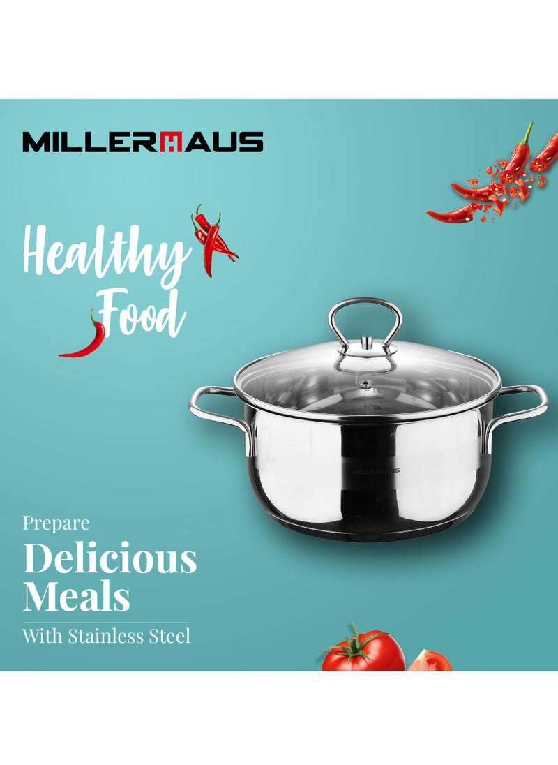 MILLERHAUS Millerhaus Casserole Ø26X13Cm S/S Induction With Lid, Casserole With Lid - Stainless Steel - Ø26X13Cm  - Induction - Shiny And Matt - Straight Shape - Measuring Scale - Welded Wire Handle And Knob, Exceptional Durability and Strength Stainless steel body with Glass Lid  - Image 2