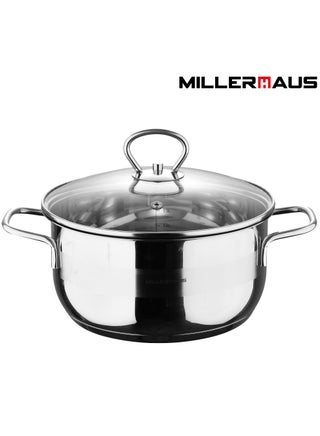 Millerhaus Casserole Ø26X13Cm S/S Induction With Lid, Casserole With Lid - Stainless Steel - Ø26X13Cm  - Induction - Shiny And Matt - Straight Shape - Measuring Scale - Welded Wire Handle And Knob, Exceptional Durability and Strength Stainless steel body with Glass Lid