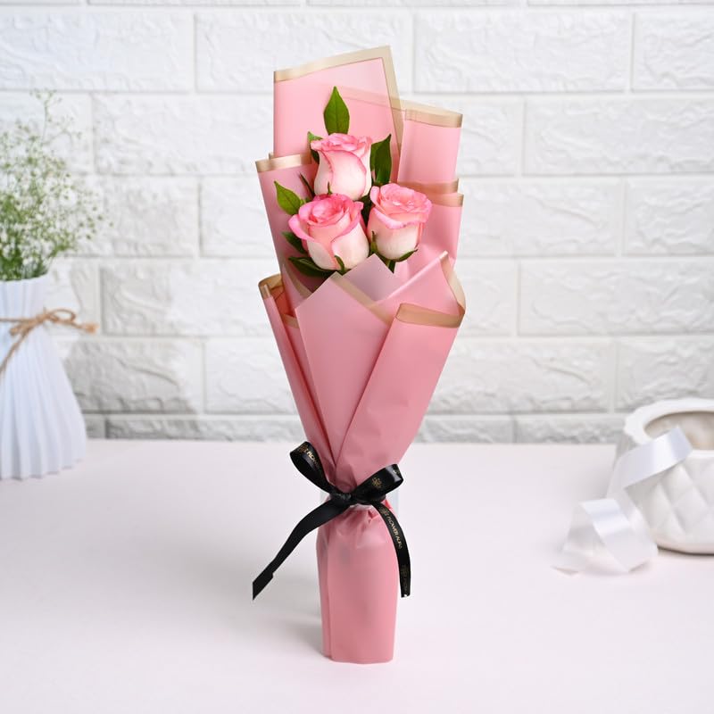 Floweraura FlowerAura Fresh Live Flower Bouquet of 3 Pink Roses Flowers For Birthday Gift Anniversary Gift Wedding Gift Valentines Day Gift Gift For Special Occasion Same Day Delivery  - Image 2