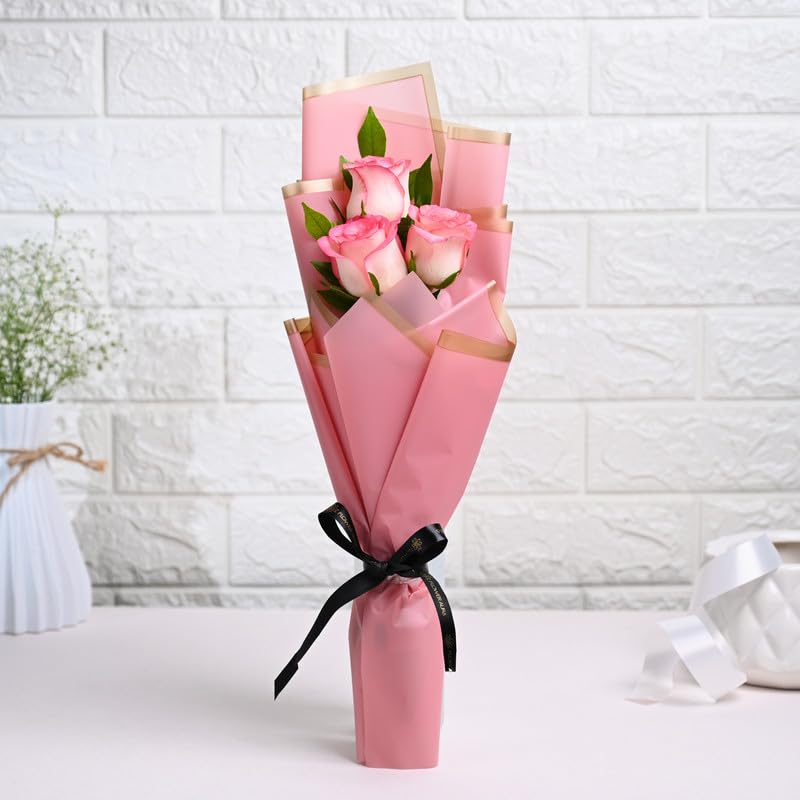 Floweraura FlowerAura Fresh Live Flower Bouquet of 3 Pink Roses Flowers For Birthday Gift Anniversary Gift Wedding Gift Valentines Day Gift Gift For Special Occasion Same Day Delivery  - Image 1