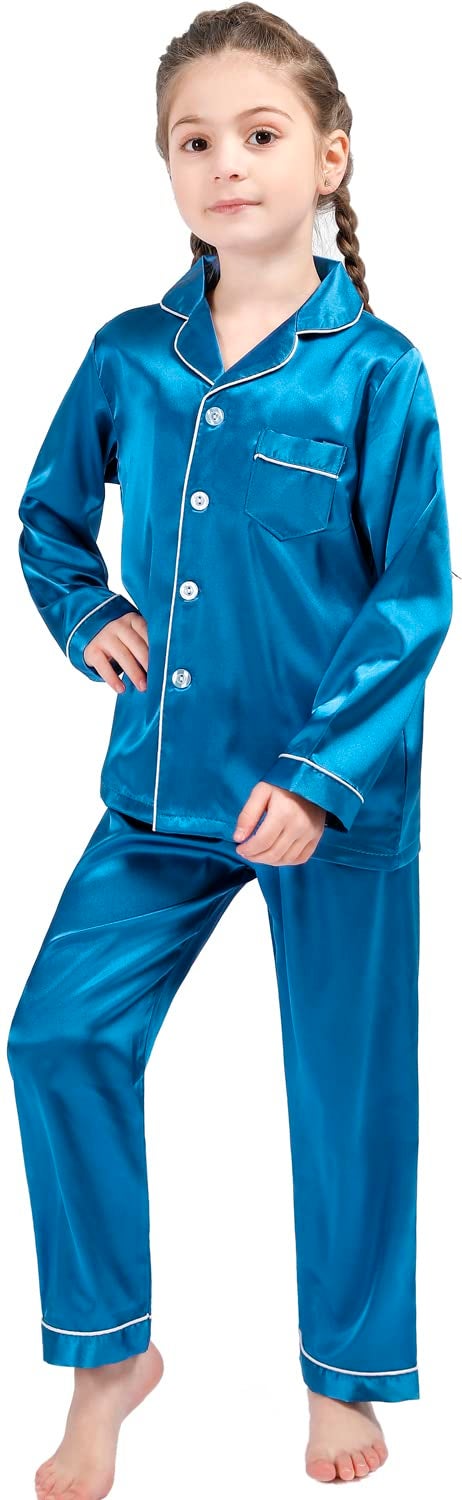 OEIU Kid Silky Satin Pajamas Set for Girls Boys pj Set Sleepwear Button-up Lounge Sets Nightwear Peacock Blue 150 - Image 4