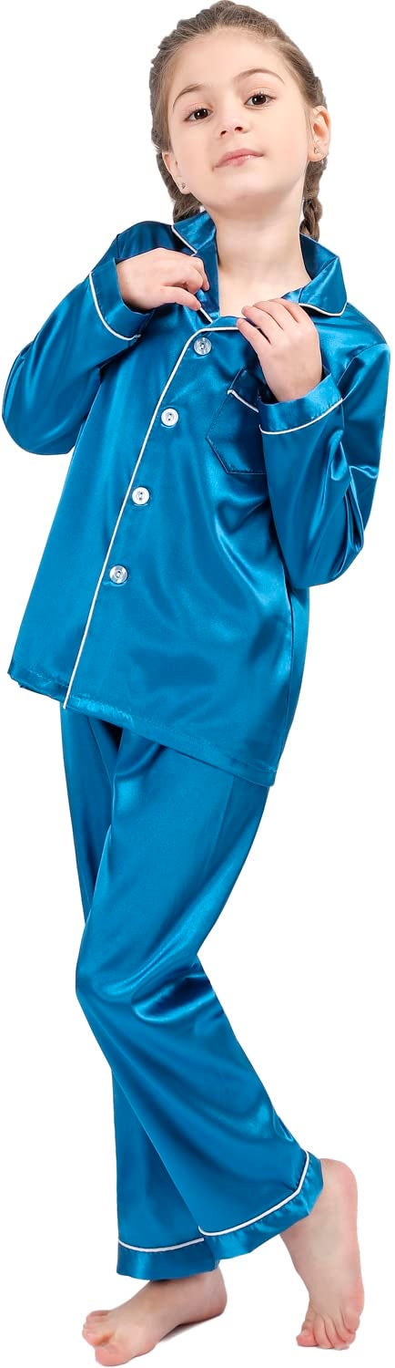 OEIU Kid Silky Satin Pajamas Set for Girls Boys pj Set Sleepwear Button-up Lounge Sets Nightwear Peacock Blue 150 - Image 3