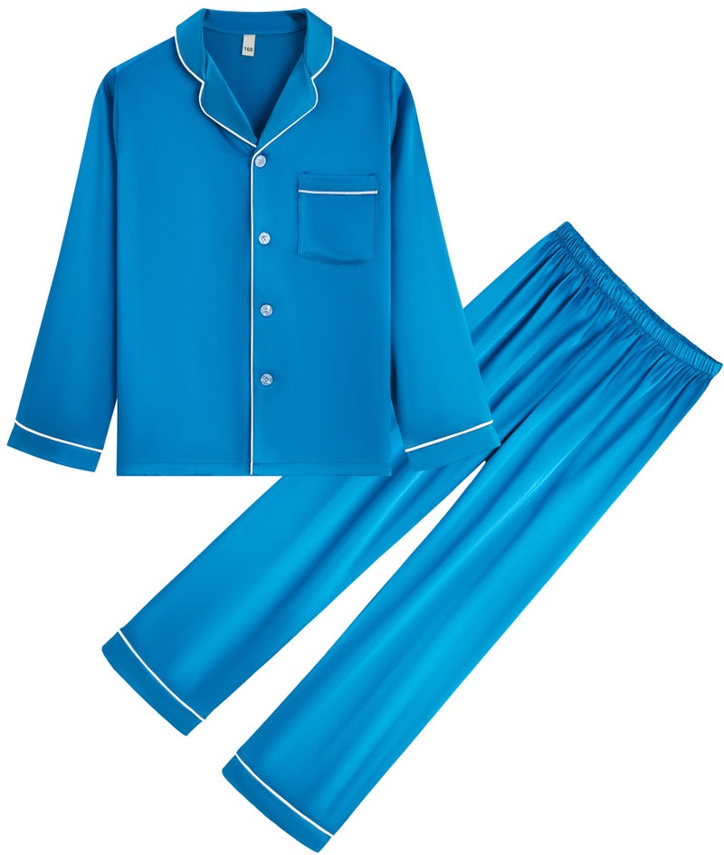 OEIU Kid Silky Satin Pajamas Set for Girls Boys pj Set Sleepwear Button-up Lounge Sets Nightwear Peacock Blue 150 - Image 1