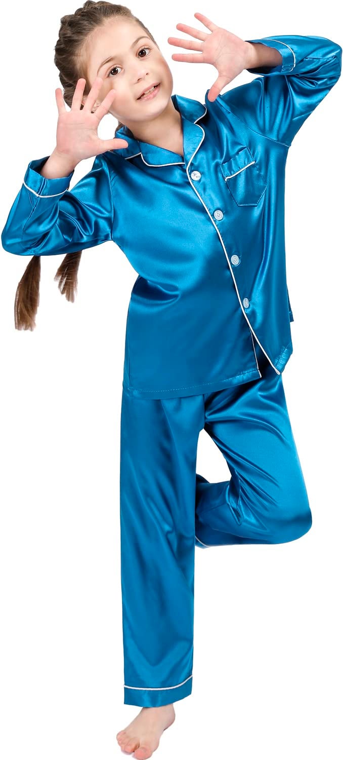 OEIU Kid Silky Satin Pajamas Set for Girls Boys pj Set Sleepwear Button-up Lounge Sets Nightwear Peacock Blue 150 - Image 2