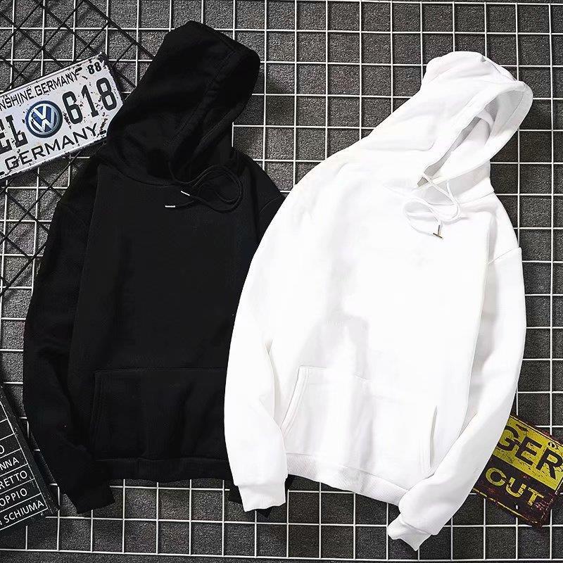 New Korean Style Fleece Sweater Mens and Womens Spring Solid Color Hooded Jacket Loose Student Couple Harajuku Hoodie Black  - Image 3