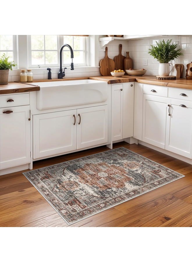 RUUGME Washable 2x3 Area Rugs - Large Boho Rugs for Living Room Stain Resistant Carpet Vintage Tribal Rugs for Bedroom Kitchen Bathroom with Non Slip Backing Home Decor Floor Decoration Mat 2x3 Brick - Image 3