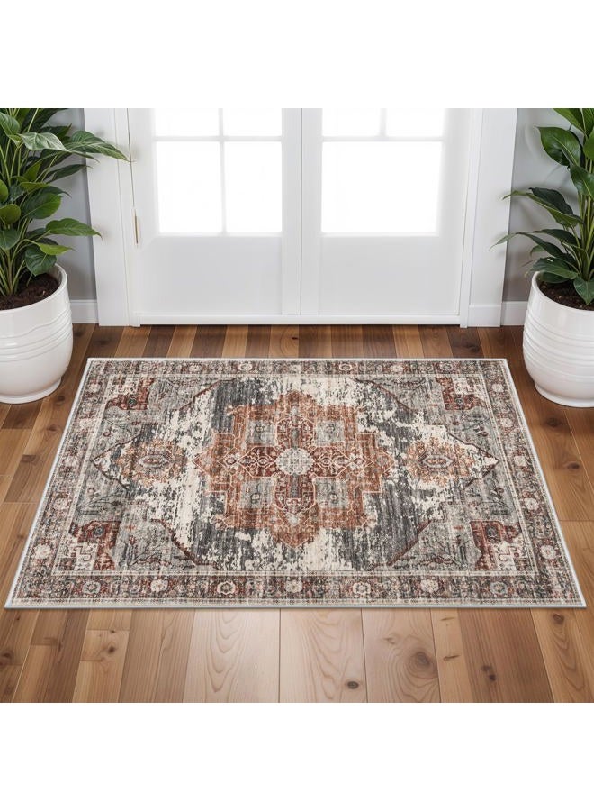 RUUGME Washable 2x3 Area Rugs - Large Boho Rugs for Living Room Stain Resistant Carpet Vintage Tribal Rugs for Bedroom Kitchen Bathroom with Non Slip Backing Home Decor Floor Decoration Mat 2x3 Brick - Image 2