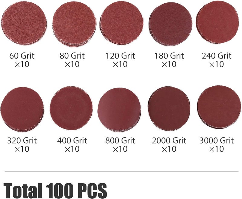 LotFancy 2 Inch Sanding Discs, 100PCS 60-3000 Grit Sandpaper and 1/4" Shank Backing Plate, Soft Foam Buffering Pad, for Drill Grinder Rotary Tool, Hook and Loop Sand Paper Assortment Pack - Image 2