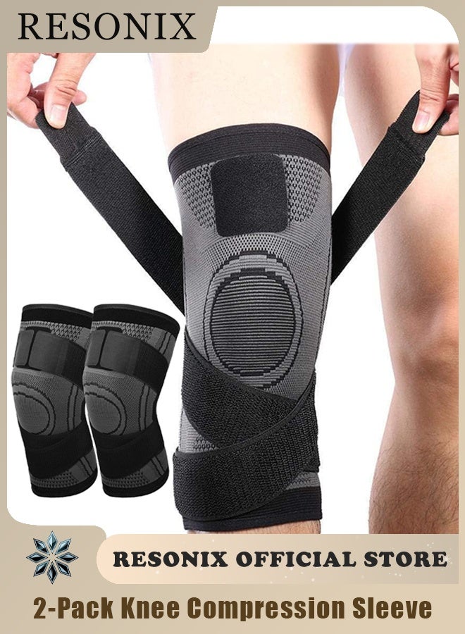 RESONIX 2-Pack Knee Compression Sleeve – With Adjustable Knee Brace for Pain Relief, Arthritis, Meniscus Tear, Sports & Workout Support, Breathable & Durable Knee Stabilizer for Men & Women (Large) - Image 1