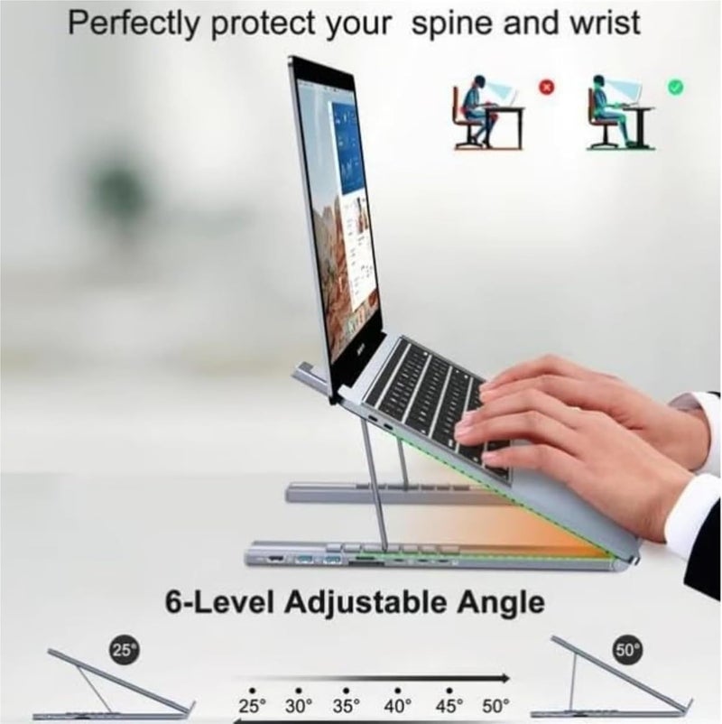 8-in-1 USB-C Laptop Stand | Adjustable Ergonomic Aluminum Docking Station with 4K HDMI, 2 USB 3.0, PD 100W Power Delivery | Portable Laptop Riser for MacBook, Windows, Home & Office - Image 3