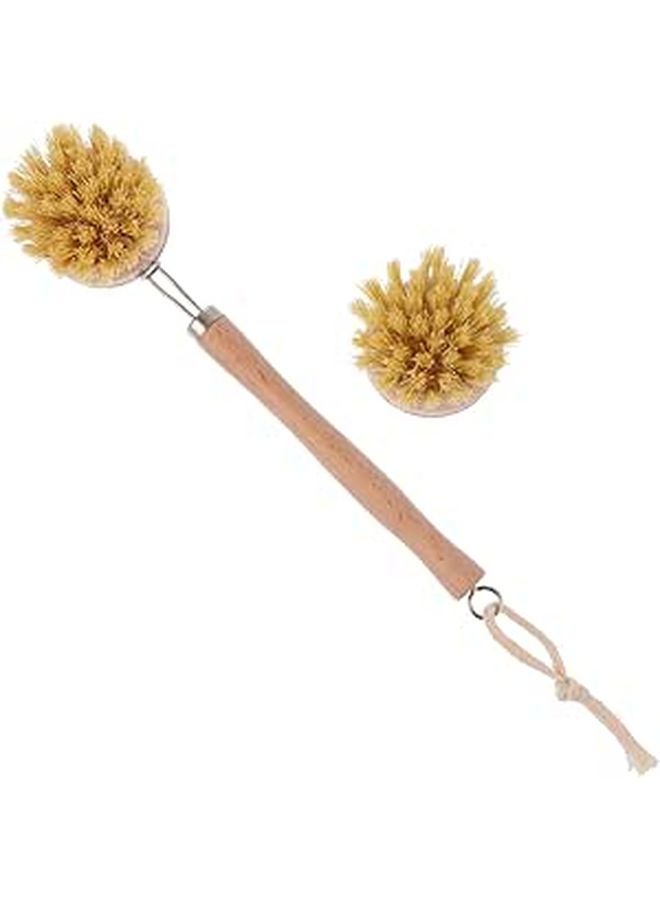 Long Handle Cleaning Brush Set 2 Piece Palm Wood PET Fiber Bristles for Kitchen Bathroom Dishes - Image 1