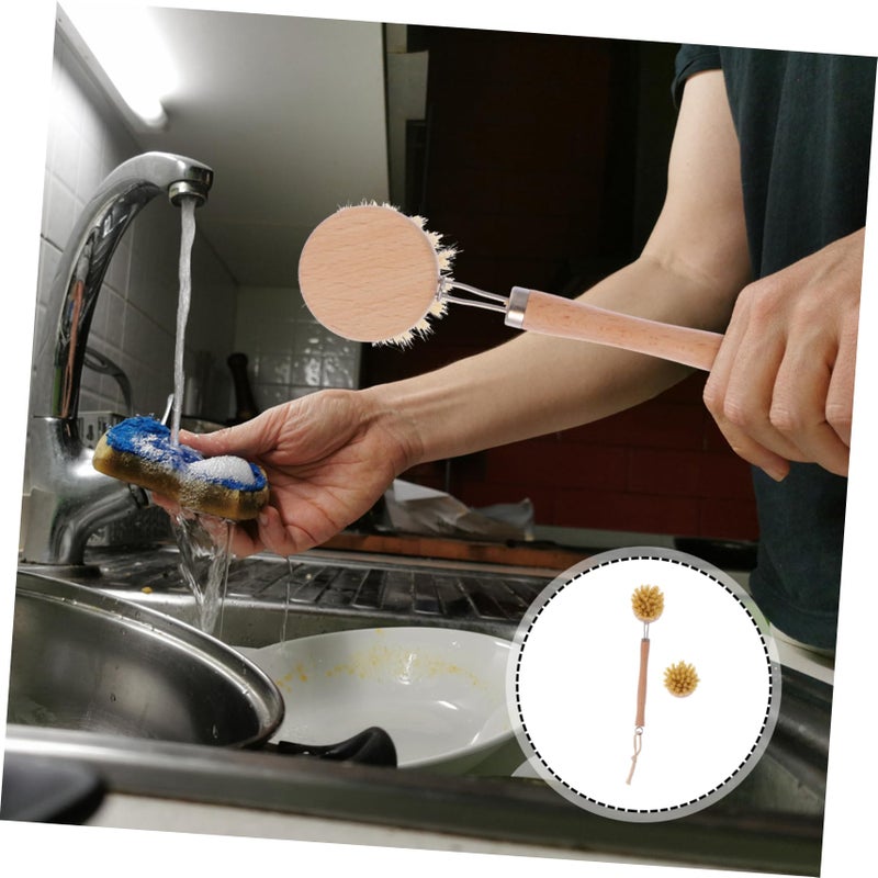 Long Handle Cleaning Brush Set 2 Piece Palm Wood PET Fiber Bristles for Kitchen Bathroom Dishes - Image 4