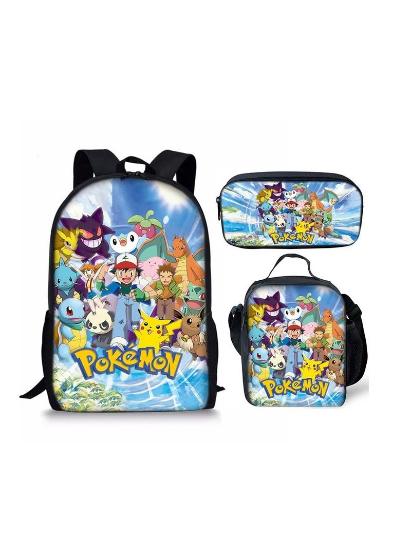 Y&D 3-Piece Pokemon 3D Print Insulated Lunch Backpack Set Multicolour - Image 1