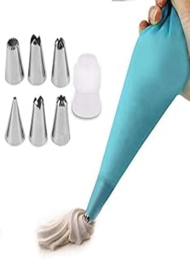 Silicone Pastry Piping Bag with 6 Pcs Stainless Steel Tips Set, Messar Reusable Pastry Bag DIY Cake Decorating Tool - Icing Nozzles & Cream Bag Kit for Frosting & Dessert Decoration 1 Set (8 Pcs) 