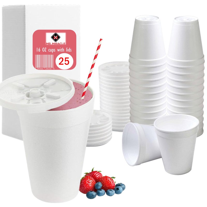Mr. Miracle 16 OZ Foam Cups With Lids for Hot & Cold Drinks, USA-Made 25-Pack.Ideal Styrofoam Coffee Cups, Insulating To-Go Cups for Soda, Tea, Juice - Sturdy, Disposable & comparable to Industry standard 16J16 - Image 1