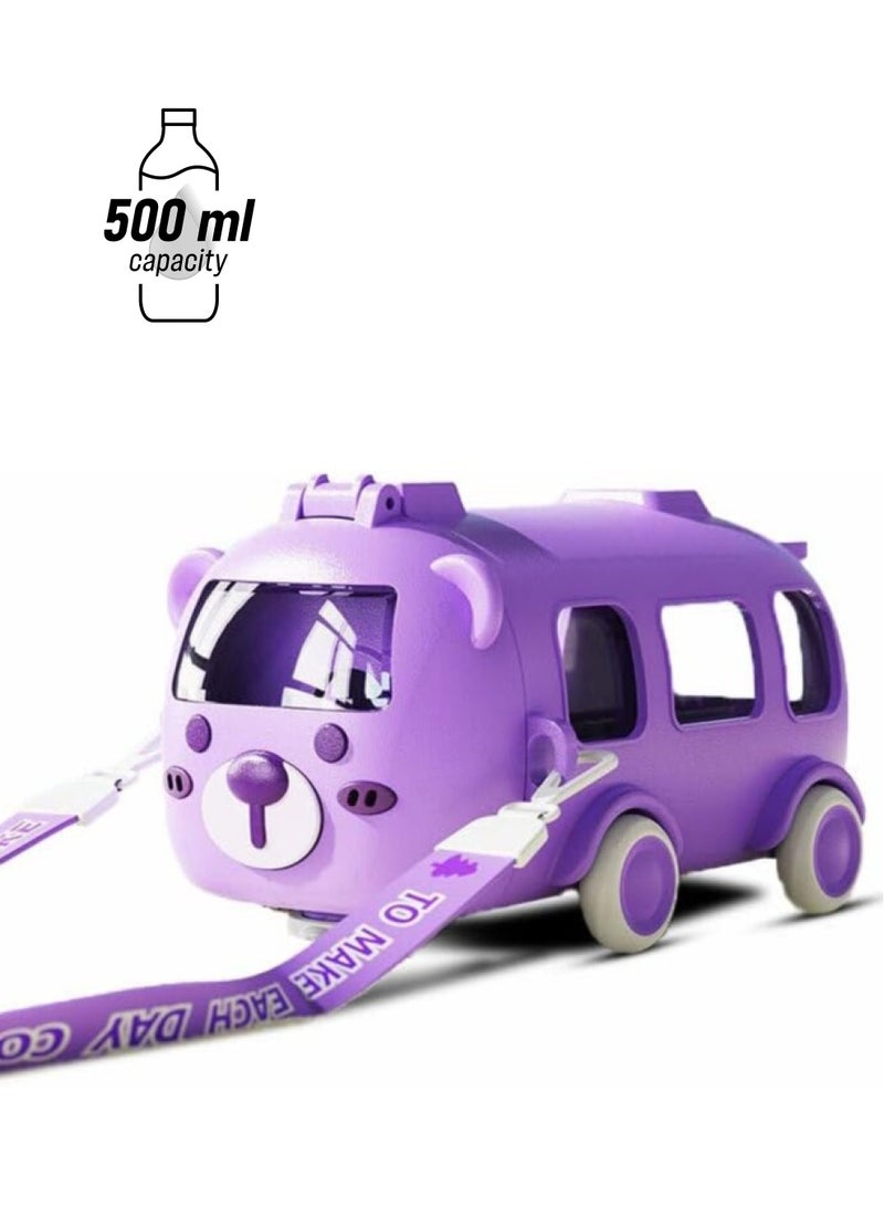Twisoo Twisoo Bus Design Kids Water Bottle with Straw and Stickers, Portable Plastic Drinking Bottle for Girls, School & Camping, with Shoulder Strap ( Purple ) - Image 1