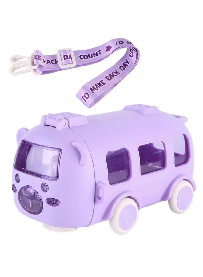 Twisoo Twisoo Bus Design Kids Water Bottle with Straw and Stickers, Portable Plastic Drinking Bottle for Girls, School & Camping, with Shoulder Strap ( Purple ) - Image 2