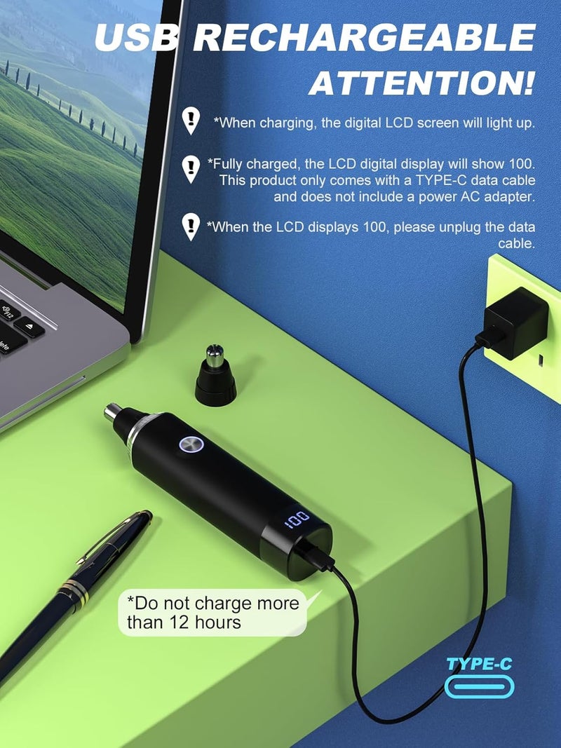 Ginity Ear & Nose Hair Trimmer with LED Display for Men Women,Painless USB Rechargeable Eyebrow & Facial & Nose Hair Trimmer Clipper,Professional IPX7 Waterproof Dual Edge Blades 12500 RPM (Black) - Image 4