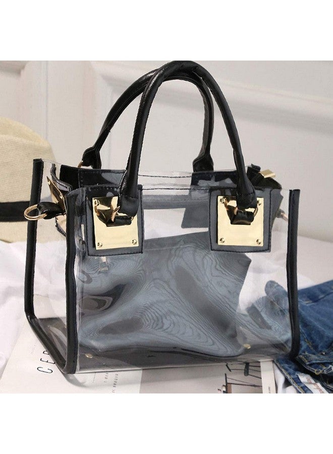 Rullar Fivelovetwo Women 2 Pcs Small Clear Tote Beach Shoulder Tophandle Bag Pvc Transparent Satchel Handbag Purse Black - Image 4