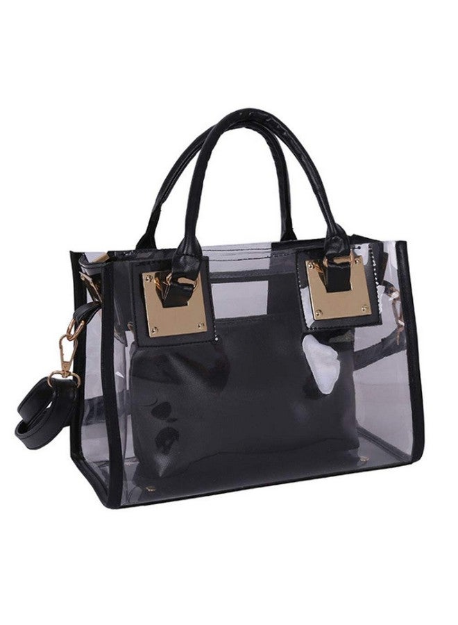 Rullar Fivelovetwo Women 2 Pcs Small Clear Tote Beach Shoulder Tophandle Bag Pvc Transparent Satchel Handbag Purse Black - Image 1